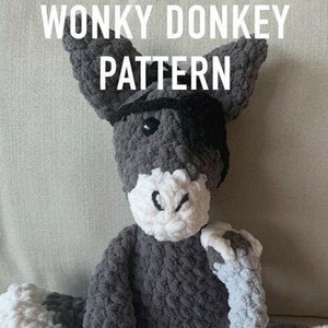 May include: A gray and white crocheted donkey plush toy with the text "Wonky Donkey Pattern" and "A Pattern by Carli's Treasures" on a gray background.