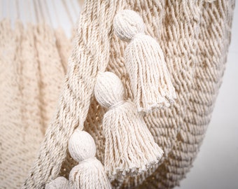 Boho Natural Cotton Hammock Chair with Tassels - Handmade Macrame Swing