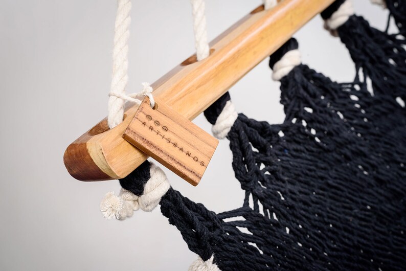 Boho Black Cotton Hammock with Tassels Wooden Bar / Handmade by Artisans, Perfect for Interior and Outdoor image 6