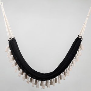 Boho Black Cotton Hammock with Tassels Wooden Bar / Handmade by Artisans, Perfect for Interior and Outdoor image 7