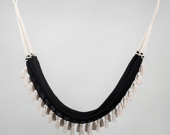 Boho Black Cotton Hammock with Tassels / Handmade by Artisans, Perfect for Interior and Outdoor