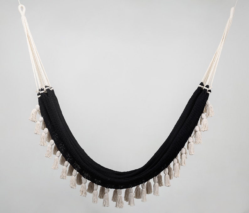 Boho Black Cotton Hammock with Tassels Wooden Bar / Handmade by Artisans, Perfect for Interior and Outdoor image 7