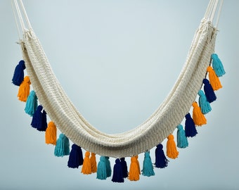 Luxury Natural Cotton Hammock with Hue Inspired Tassels - Handmade by Artisans - Interior and Outdoor Hammock