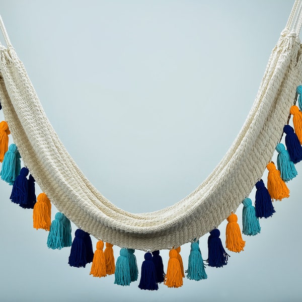 Luxury Natural Cotton Hammock with Hue Inspired Tassels - Handmade by Artisans - Interior and Outdoor Hammock