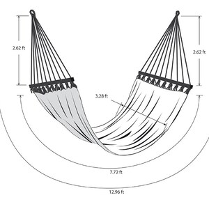 May include: A black hammock with a gray fabric bed, hanging from two ropes. The hammock is 12.96 feet long and 3.28 feet wide. The hammock is suspended between two trees.