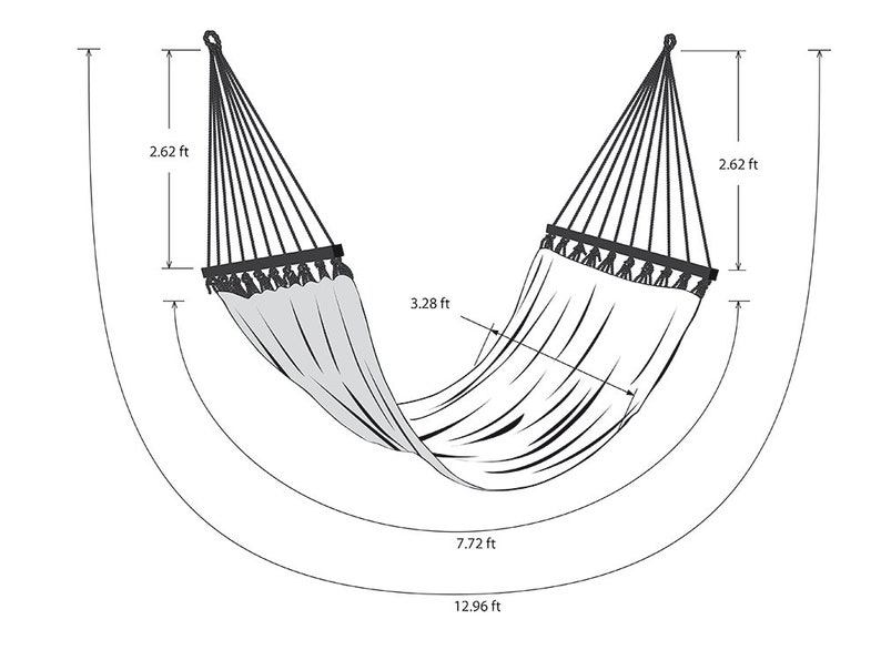 May include: A black hammock with a gray fabric bed, hanging from two ropes. The hammock is 12.96 feet long and 3.28 feet wide. The hammock is suspended between two trees.