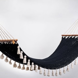 Boho Black Cotton Hammock with Tassels Wooden Bar / Handmade by Artisans, Perfect for Interior and Outdoor image 1