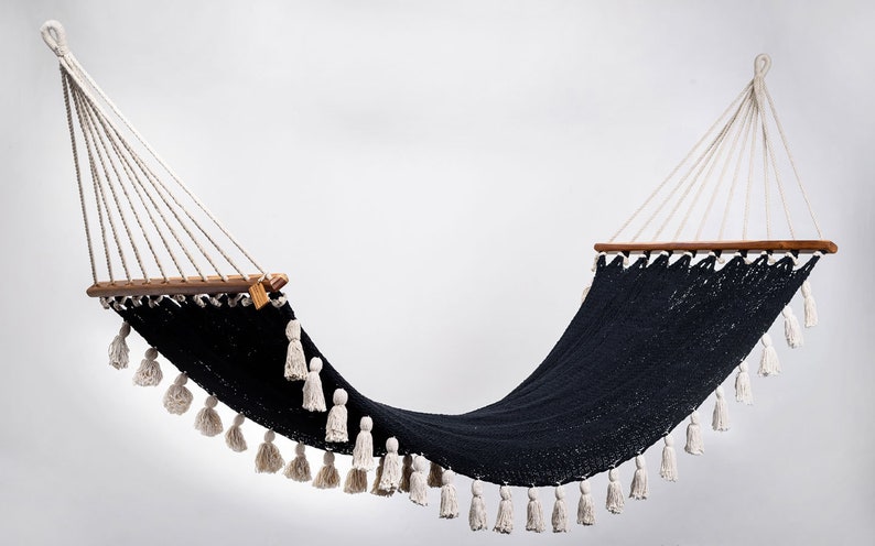 Boho Black Cotton Hammock with Tassels Wooden Bar / Handmade by Artisans, Perfect for Interior and Outdoor image 1