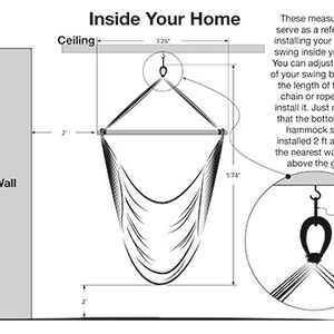 Puede incluir: Diagrama que muestra c&oacute;mo instalar una hamaca en el interior de una casa. El diagrama muestra una hamaca colgada del techo, con medidas para la distancia de la pared y el suelo. El texto dice "Inside Your Home" e incluye instrucciones para instalar la hamaca.