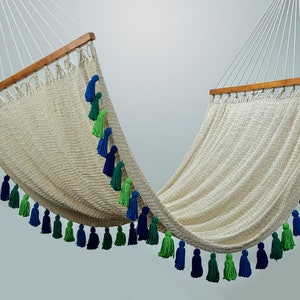 Deluxe Cotton Hammock with Inspired Tassels  & Wooden Bar (2 Designs) - Handmade - Interior and Outdoor Hammock.