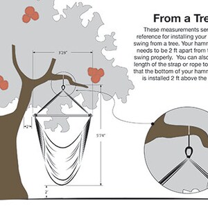Puede incluir: Diagrama que muestra c&oacute;mo colgar una hamaca de un &aacute;rbol. El diagrama incluye medidas para la altura y el ancho de la hamaca. El texto dice: "De un &aacute;rbol. Estas medidas sirven como referencia para instalar su hamaca en un &aacute;rbol. Su hamaca debe estar a 2 pies de distancia del &aacute;rbol para que se balancee correctamente. Tambi&eacute;n puede ajustar la longitud de la correa o la cuerda para asegurarse de que la parte inferior de su hamaca est&eacute; instalada a 2 pies por encima del suelo."