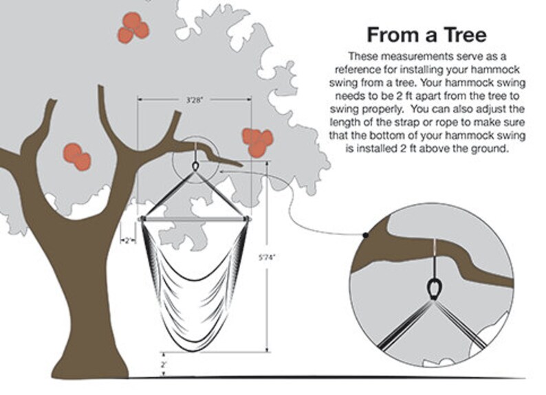 Puede incluir: Diagrama que muestra c&oacute;mo colgar una hamaca de un &aacute;rbol. El diagrama incluye medidas para la altura y el ancho de la hamaca. El texto dice: "De un &aacute;rbol. Estas medidas sirven como referencia para instalar su hamaca en un &aacute;rbol. Su hamaca debe estar a 2 pies de distancia del &aacute;rbol para que se balancee correctamente. Tambi&eacute;n puede ajustar la longitud de la correa o la cuerda para asegurarse de que la parte inferior de su hamaca est&eacute; instalada a 2 pies por encima del suelo."