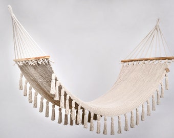 Boho Natural Cotton Hammock with Tassels (Wooden Bar) / Handmade by Artisans, Perfect for Interior and Outdoor