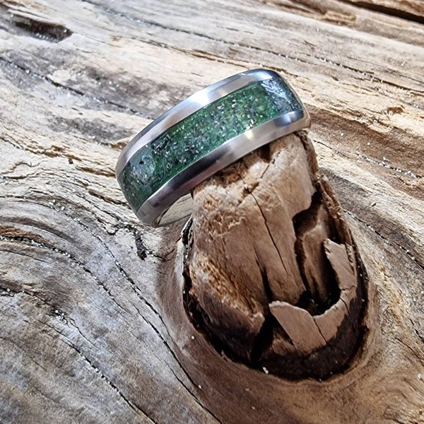 Moldavite Ring, Beautiful handmade titanium ring set with genuine moldavite. Glow Ring