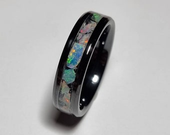 Australian Opal Inlaid Ring: Black Ceramic Wedding Band