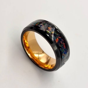 Handmade Meteorite and Opal black and gold tungsten ring