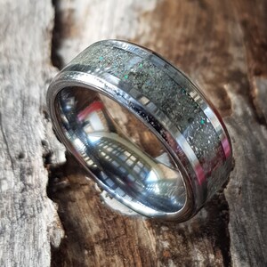 Meteorite Glow ring. Set with genuine meteorite dust in tungsten comfort fit band