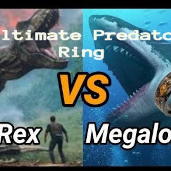 The Ultimate Predator Ring - Ceramic band inlaid with T-Rex and Megalodon fossil