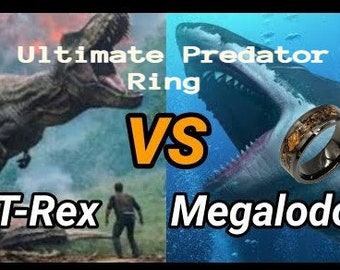 The Ultimate Predator Ring - Keramische band ingelegd met T-Rex en Megalodon fossiel