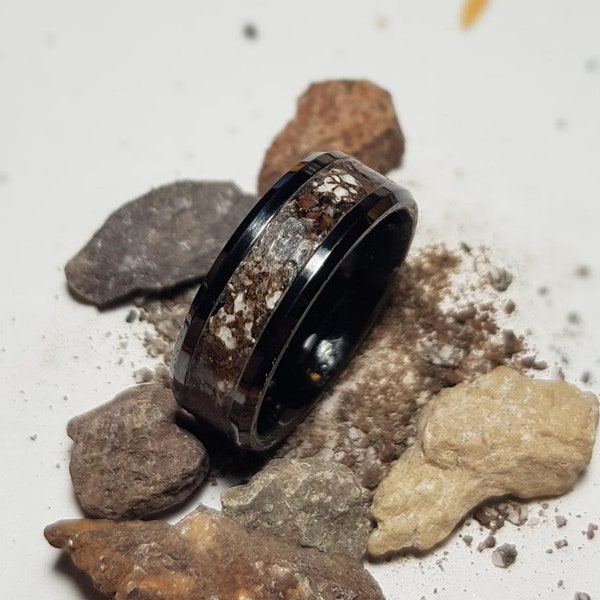 Handmade Dinosaur Bone and black ceramic ring. Set with genuine dinosaur bone -with or without meteorite