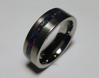 Black Opal Tungsten Ring: Handmade Wedding Band