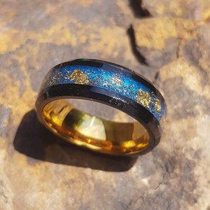 Handmade Meteorite black and gold tungsten ring