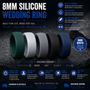 May include: A set of five 8mm silicone wedding rings in hunter green, silver, grey, black, and blue. The image includes text detailing features like safe and flexible, waterproof, all-day comfort, and active lifestyle, along with colour labels.