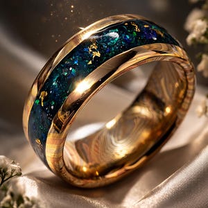 Mokume Gane Wedding Band with Blue Opal, Neon Apatite & 24K Gold Leaf, Unique Alternative Wedding Ring