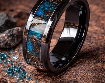 Megalodon Tooth Ring – Black Ceramic Fossil Shark Tooth Ring, Ocean Blue Inlay, Handmade Prehistoric Shark Ring, Unique Mens Wedding Band