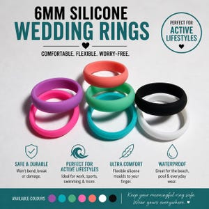 Puede incluir: Una colección de anillos de boda de silicona de 6 mm en morado, rosa, coral, verde azulado, turquesa, negro y blanco. La imagen incluye el texto 6MM SILICONE WEDDING RINGS, SAFE & DURABLE, PERFECT FOR ACTIVE LIFESTYLES, ULTRA COMFORT y WATERPROOF.