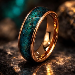 Blue Meteorite Copper Ring – Campo del Cielo Meteorite Inlay – Handmade Space Wedding Band