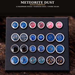 Meteorite Dust Stud Earrings – Stainless Steel Cosmic Earrings 6mm or 8mm – Blue, Pink Opal & Gold Leaf – Pick Your Style