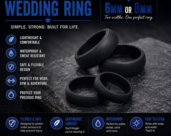 Anillo de boda de silicona negra / Alianza de boda de goma de 6 mm u 8 mm / Anillo flexible y seguro para el trabajo, el gimnasio y un estilo de vida activo.