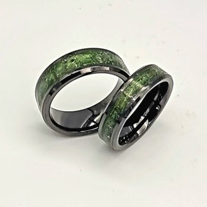 Moldavite Rings, Pair of Beautiful handmade black ceramic ring set with genuine moldavite. Glow Ring