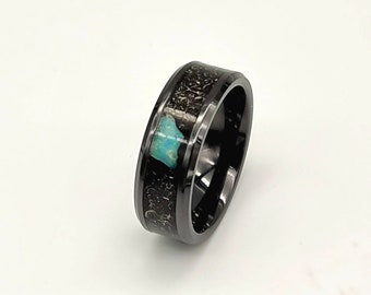 Meteorite and black opal ring, Handmade ceramic ring set with genuine meteorite & black opal from lightning ridge