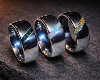 Opal Inlay Ring – Titanium or Black Ceramic Wedding Band, Handmade Opal Ring, Unique Wedding Band.