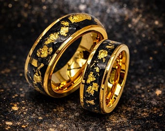 Meteorit und Gold Ehering – Campo del Cielo Meteoritring mit 24K Blattgold | Schwarzes Space Inlay | Wolfram oder Solid Gold Band