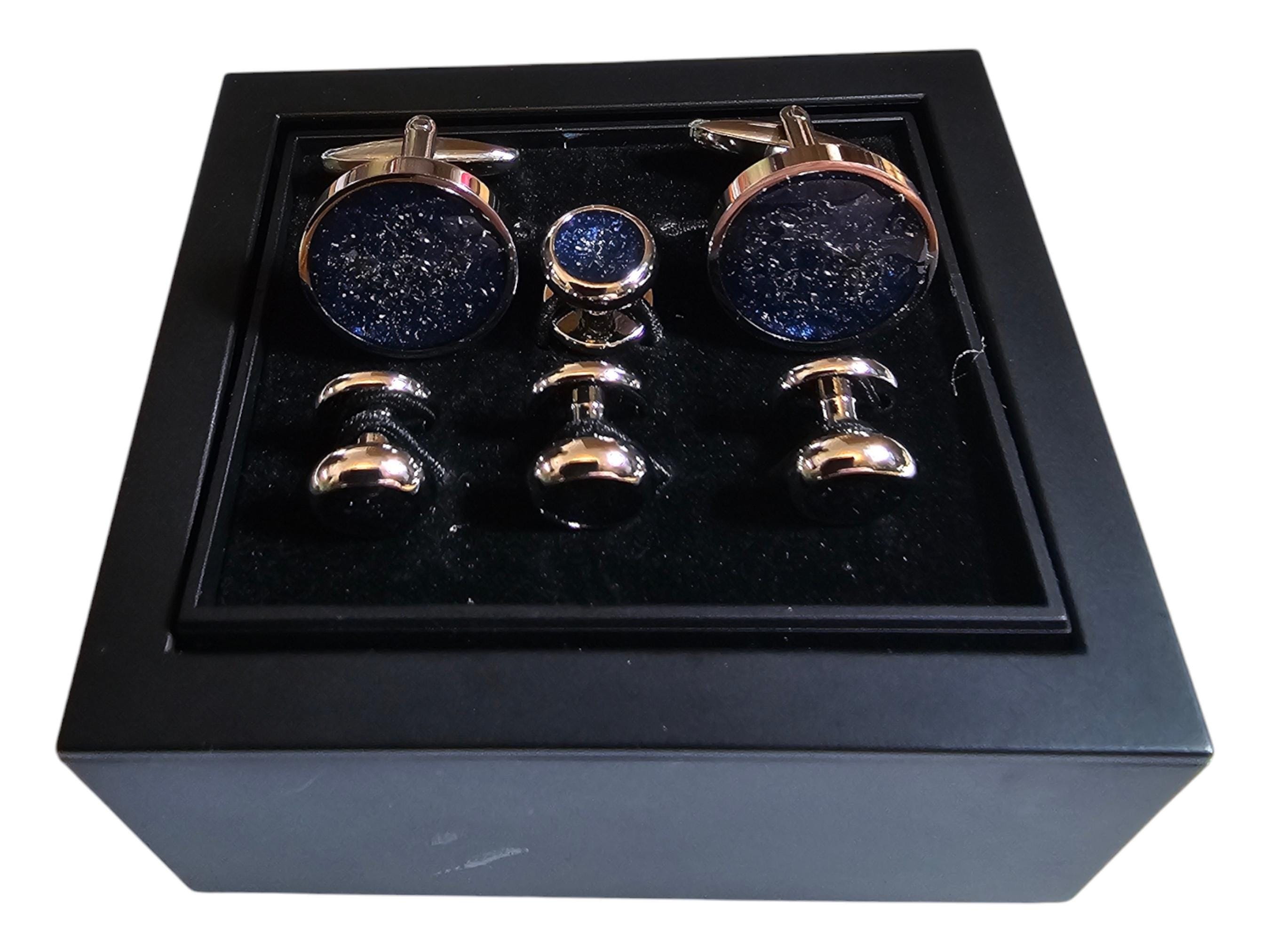 Cufflinks, stailess steel meteorite inlaid cufflinks and stud set