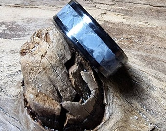 Angelite Ring, Beautiful handmade black ceramic ring set with genuine Angelite