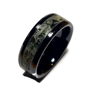 Moldavite Ring, Beautiful handmade black ceramic ring set with genuine moldavite. Glow Ring