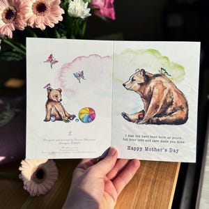SPECIALE (si prega di leggere la didascalia) Lussuosi biglietti per la festa della mamma, stampa fronte e retro, regno animale - orsi grizzly, disegno originale dipinto a mano