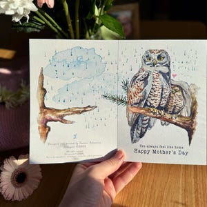 Lussuose cartoline per la festa della mamma, stampa FRONTE E RETRO, regno animale - Gufi, design originale dipinto a mano, ti senti sempre a casa