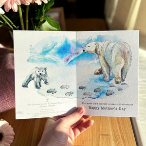 Luxe Moederdagkaarten, BACK&FRONT-print, Dierenrijk - ijsberen, origineel handgeschilderd ontwerp, een prachtig avontuur