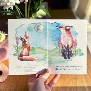 Lussuosi biglietti per la festa della mamma, stampa FRONTE E RETRO, regno animale - Volpi, design originale dipinto a mano, per rendere magici i momenti semplici
