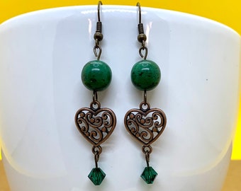 Heart earrings, Austrian crystal earrings, antique filigree hearts, green earrings, emerald earrings, Handmade in Hawaii, Valentines Day