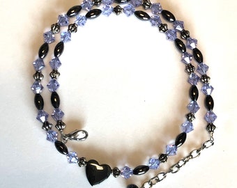 Heart necklace, Austrian crystal necklace, bridal necklace, hematite beaded necklace, purple necklace, Handmade in Hawaii, wedding jewelry