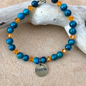 Breathe bracelet, beaded bracelet for women, Austrian crystal bracelet, turquoise bracelet, breathe charm, Made on Maui, charm bracelet