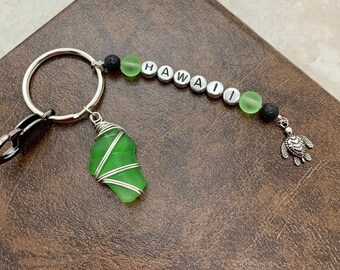 Maui sea glass keychain, sea turtle keychain, genuine sea glass, tropical purse charm, tropical keychain, lava rock beads, Handmade on Maui