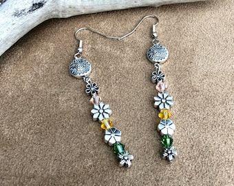 Flower earrings dangle, Austrian crystal earrings, spring earrings, garden earrings, sun earrings, bridal earrings, Handmade in Hawaii
