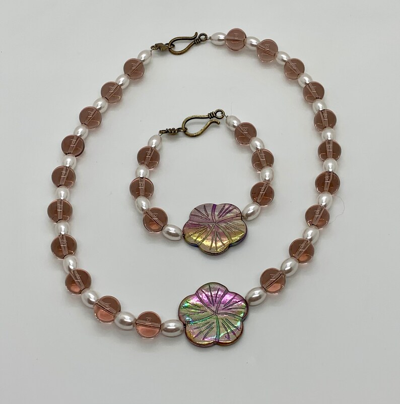 Necklace set glass pearl jewelry bridal set flower necklace bracelet set mother of pearl jewelry purple glass jewelry made in Hawaii